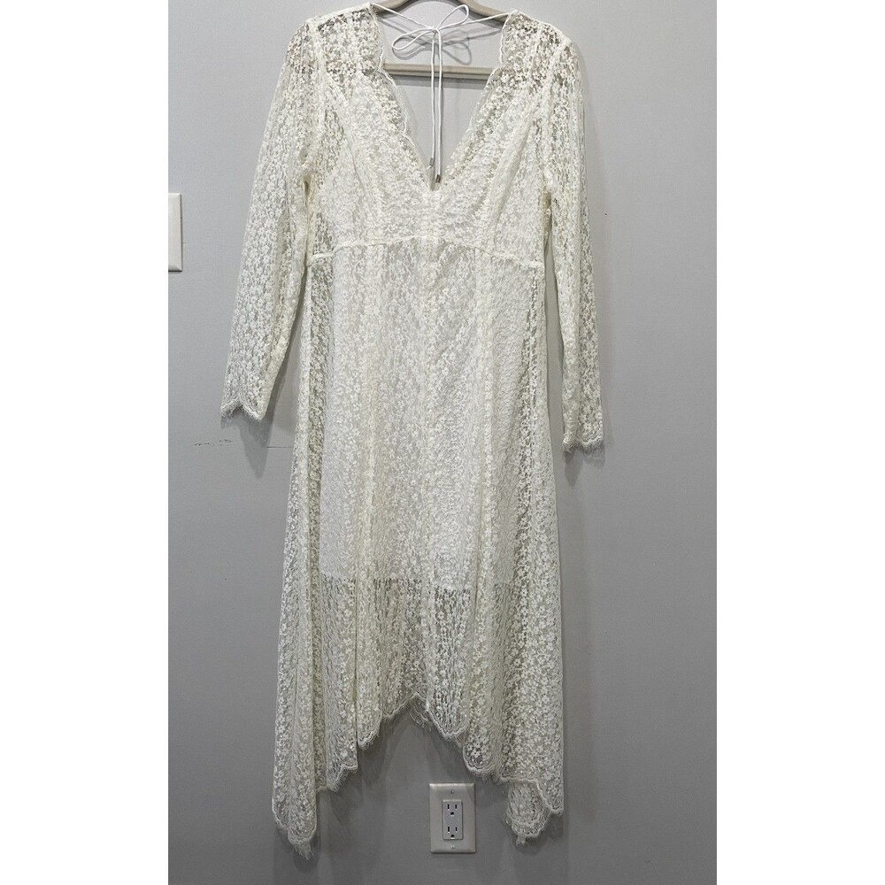 Keepsake Ivory Eyelet Lace Long Sleeve Midi Dress Deep V Neck Sz L HOCO Bride